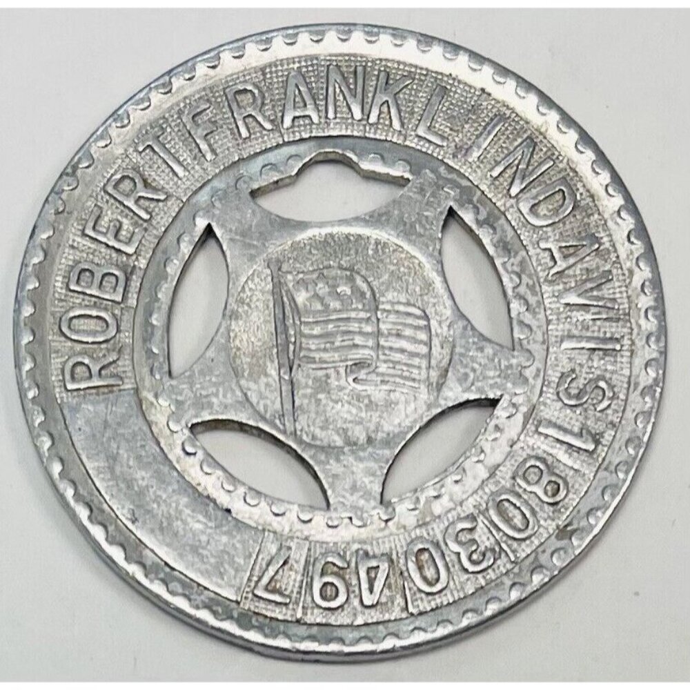 VTG 1960s 1.25" Silvertone Aluminum GOOD LUCK TOKEN Robert Frank Lindavis Flag
